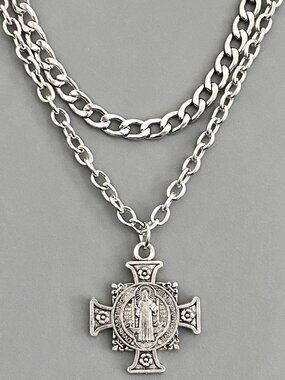 NEW, 2 pcs/set layered silver necklaces, big SAINT CROSS, edgy punk goth